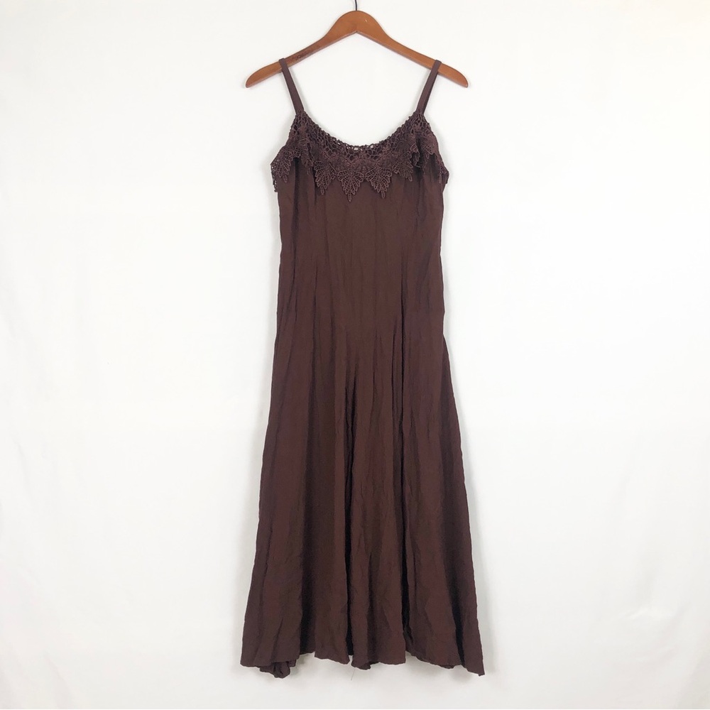 Vintage 90s Sue Wong Floral Lace Trim Maxi Dress Brown‎ Size L USA Swing